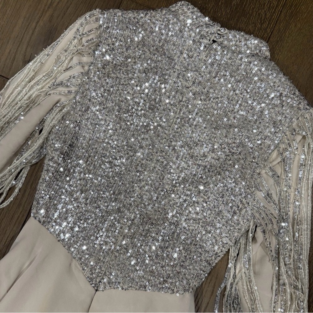 FIDAN Vintage 80s Glam Gown Silver Sequin Bodice w/ Beaded Tassel Sleeves - Picture 5 of 7